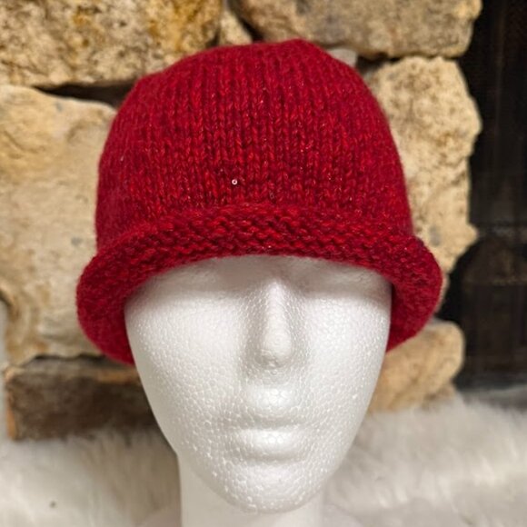 Handmade Red Knit Wool Blend Beanie With Rolled Brim main image 9